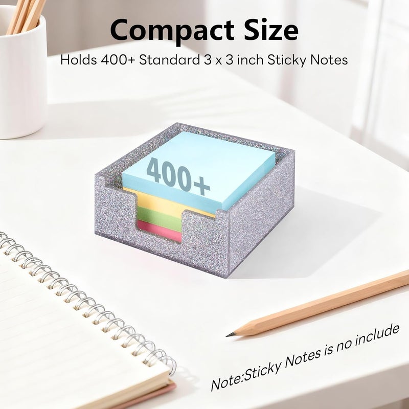 Luminzo Silver Sparkling Sticky Note Holder, Glitter Acrylic Organizer, 3.94 x 3.94 in Multi-Use Tray for Office, School & Home Desk - Image 3